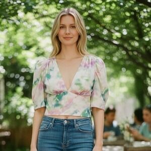 Amanda‎ Uprichard Tie Dye Puff Sleeve V-Neck Smocked Crop Top Pink Green Blue L